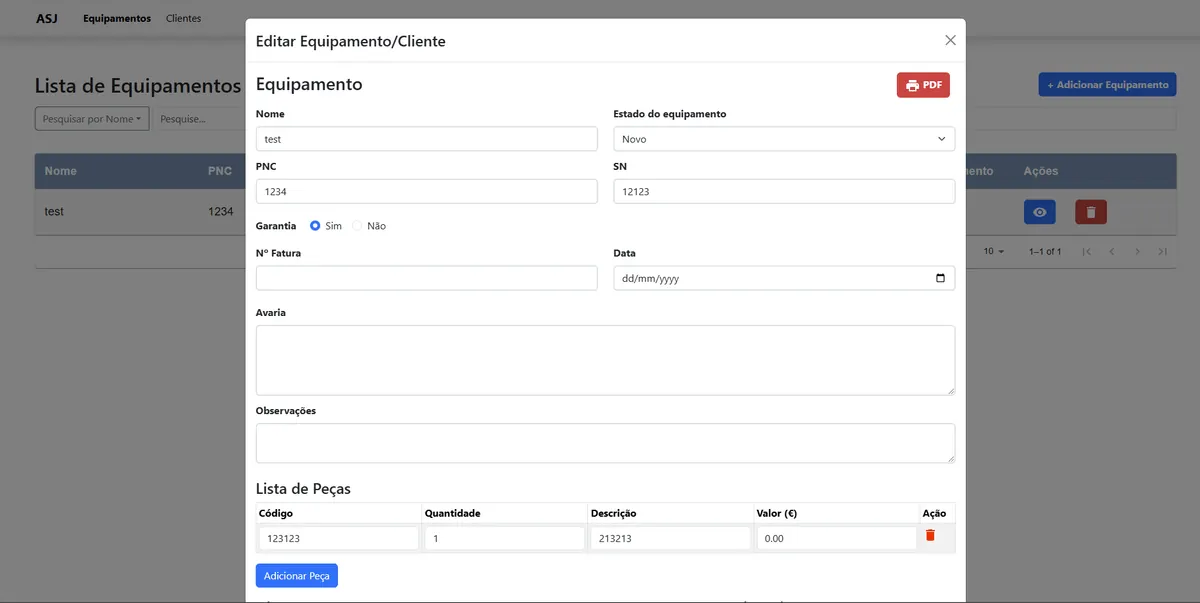 Captura de ecrã de App de gestão de reparações